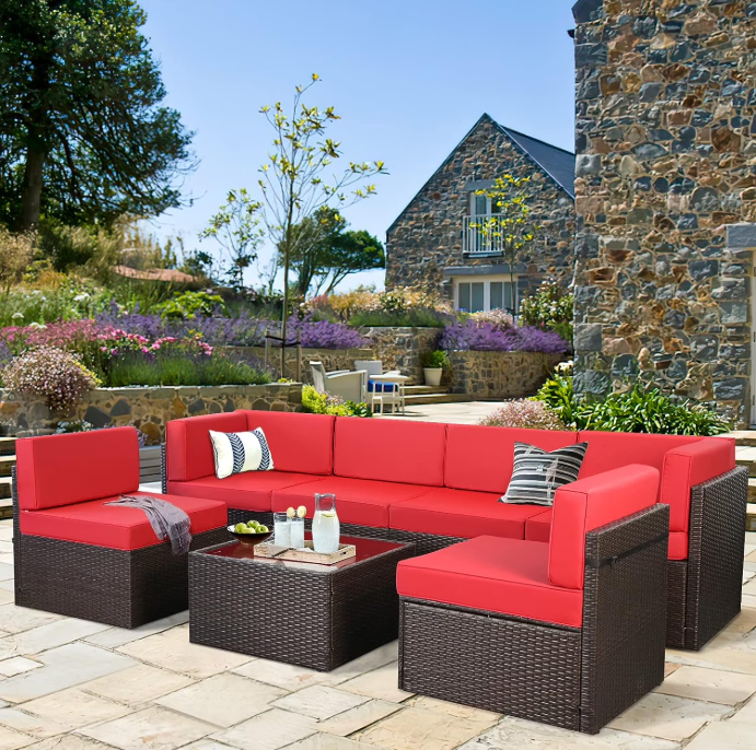 Danrelax 7 Pc Outdoor Patio Sectional Set, Red and Black Red Steel with Cushions