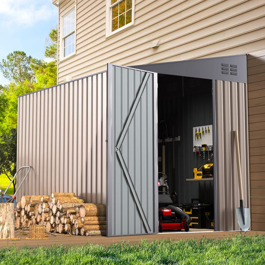 AECOJOY 6' x 8' Metal Storage Shed, Lean-to Design and Lockable Door for Garden, Grey