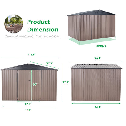 YODOLLA 10' x 8' Outdoor Metal Storage Shed in Brown Patio Storage Building with Lockable Door for Garden, Backyard