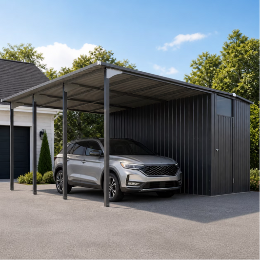 AECOJOY 12 x 16 ft Carport Shed Combo, 10 x 12 ft Hardtop Vehicle Shelter with 6 x 12 ft Enclosed Outdoor Storage