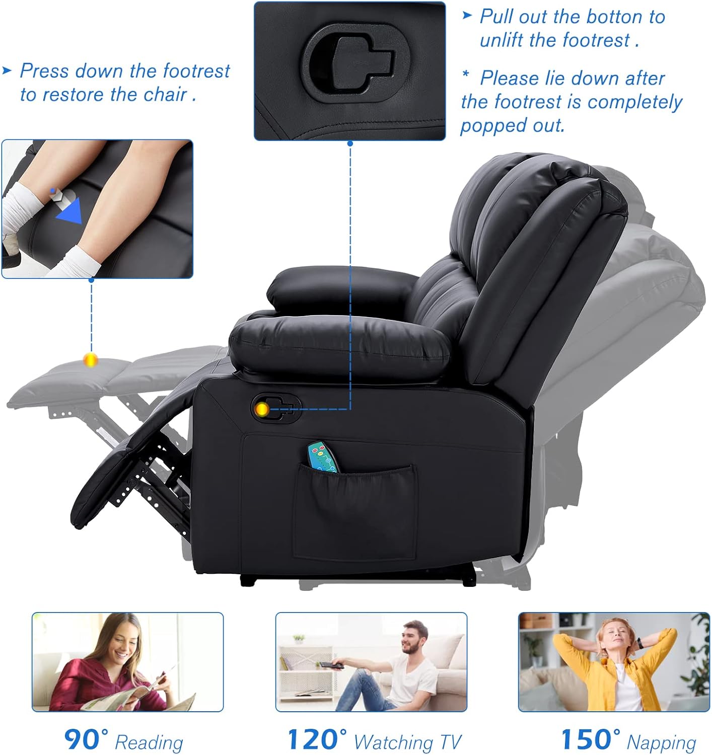 YODOLLA 3 Seat Leather Recliner Sofa with Massage Heated Function, Home Theater Seating Chair in Black