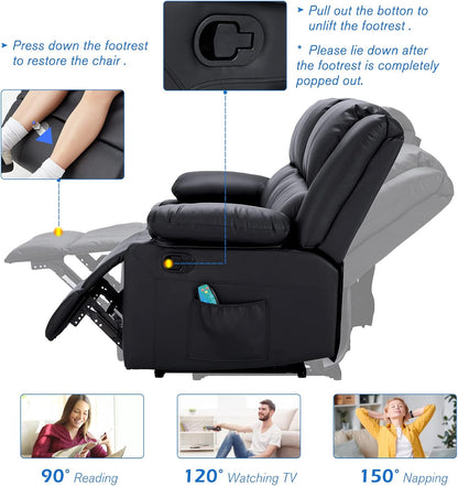 YODOLLA 3 Seat Leather Recliner Sofa with Massage Heated Function, Home Theater Seating Chair in Black