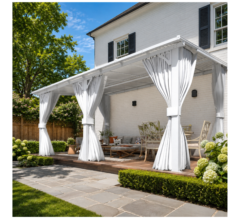 YODOLLA 16x10ft Wall-Mounted Hardtop Gazebo with Curtains and Netting, Heavy Duty Outdoor Pergola for Patio and Deck