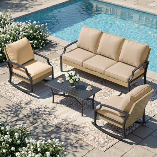 JFHID Outdoor Patio Furniture Sets on sale,4 PCS Conversation Bistro Sets with Rocking Chair & Coffee Table (Beige)