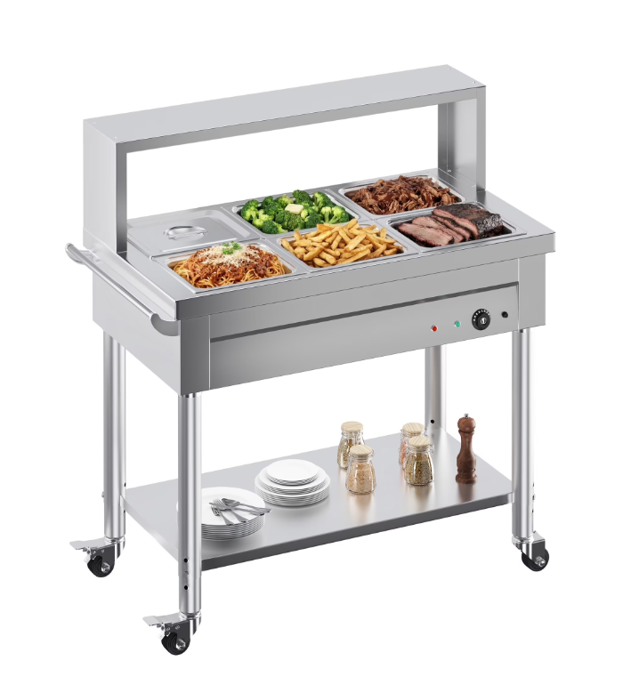 JFHID 6-Pan Commercial Food Warmer with Shield, 6 x 1/2 Pans Electric Steam Table with Undershelf,1500W 110V Stainless Steel Server for Party Restaurant