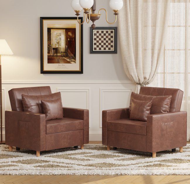 AECOJOY Sofa Bed, 38" Extra-Wide 3-in-1 Convertible Pull-Out Single Sofa with Adjustable Backrest and Cup Holder, Leather Saddle Brown