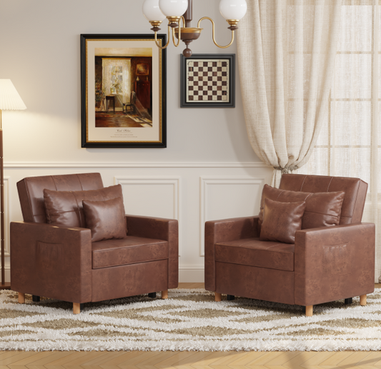 AECOJOY Sofa Bed, 38" Extra-Wide 3-in-1 Convertible Pull-Out Single Sofa with Adjustable Backrest and Cup Holder, Leather Saddle Brown