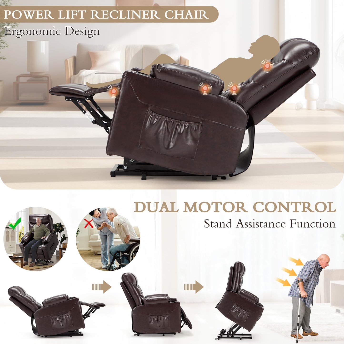 YODOLLA Large Power Lift Recliner for Elderly Heavy Duty Faux Leather Electric Lift Chair with Heated Vibration Massage in Brown