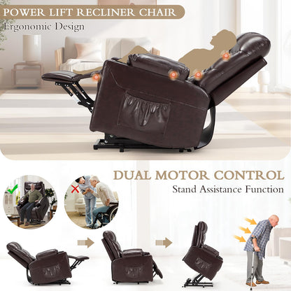 YODOLLA Large Power Lift Recliner for Elderly Heavy Duty Faux Leather Electric Lift Chair with Heated Vibration Massage in Brown