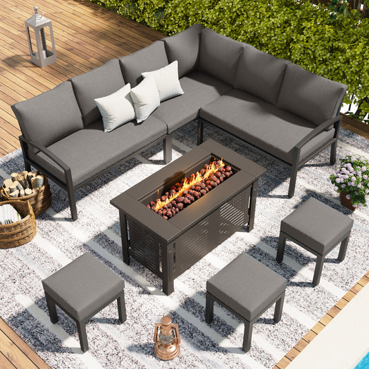 AECOJOY Patio Furniture Set with Fire Pit Table,Aluminum Outdoor Furniture Sets Clearance Metal Patio Sets on sale, Outdoor Conversation Sets, Dark Grey