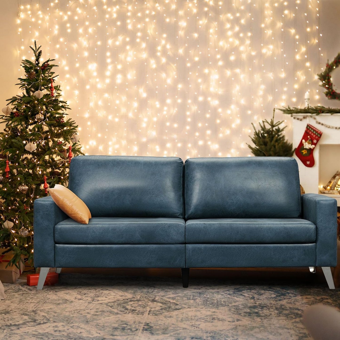 YODOLLA 2 Piece Modern Faux Leather Couch And Loveseat Set Blue