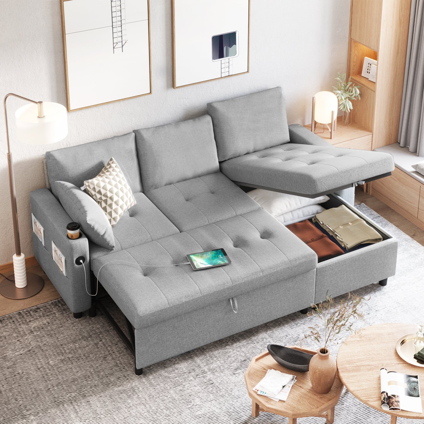 AECOJOY Teddy Velvet L Shaped Sofa, L Shape Couch, Pull Out Bed with USB and Cup Holder, Storage Sofa Cama, Queen Sofa Bed, Sleeper Sofa Couch for Living Room, Sofa Bed Couch in Grey