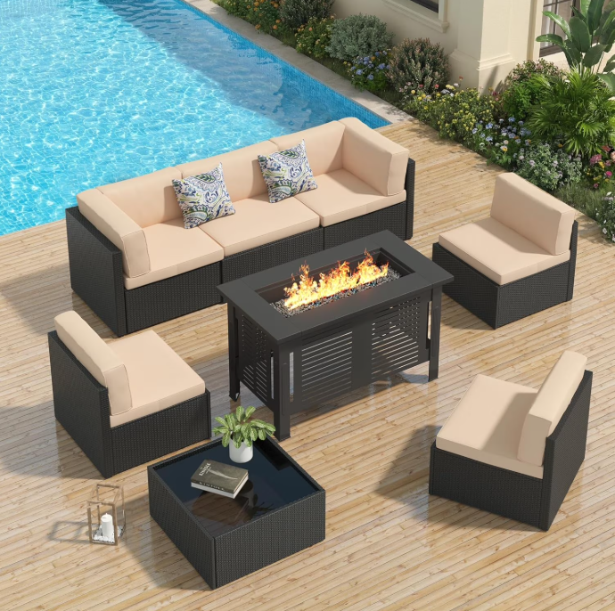 YODOLLA 7-Piece Patio Furniture Set with 43" Fire Pit Table, Rattan Wicker Outdoor Sectional Sofa Couch with Table Patio Conversation Set for Lawn& Backyard In Black& Beige