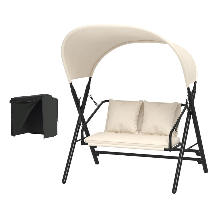 JFHID 2-Seat Outdoor Patio Swing Chair with Protective Cover, Heavy Duty Steel Frame Porch Swing Bench for Adults, Beige(include Cover)