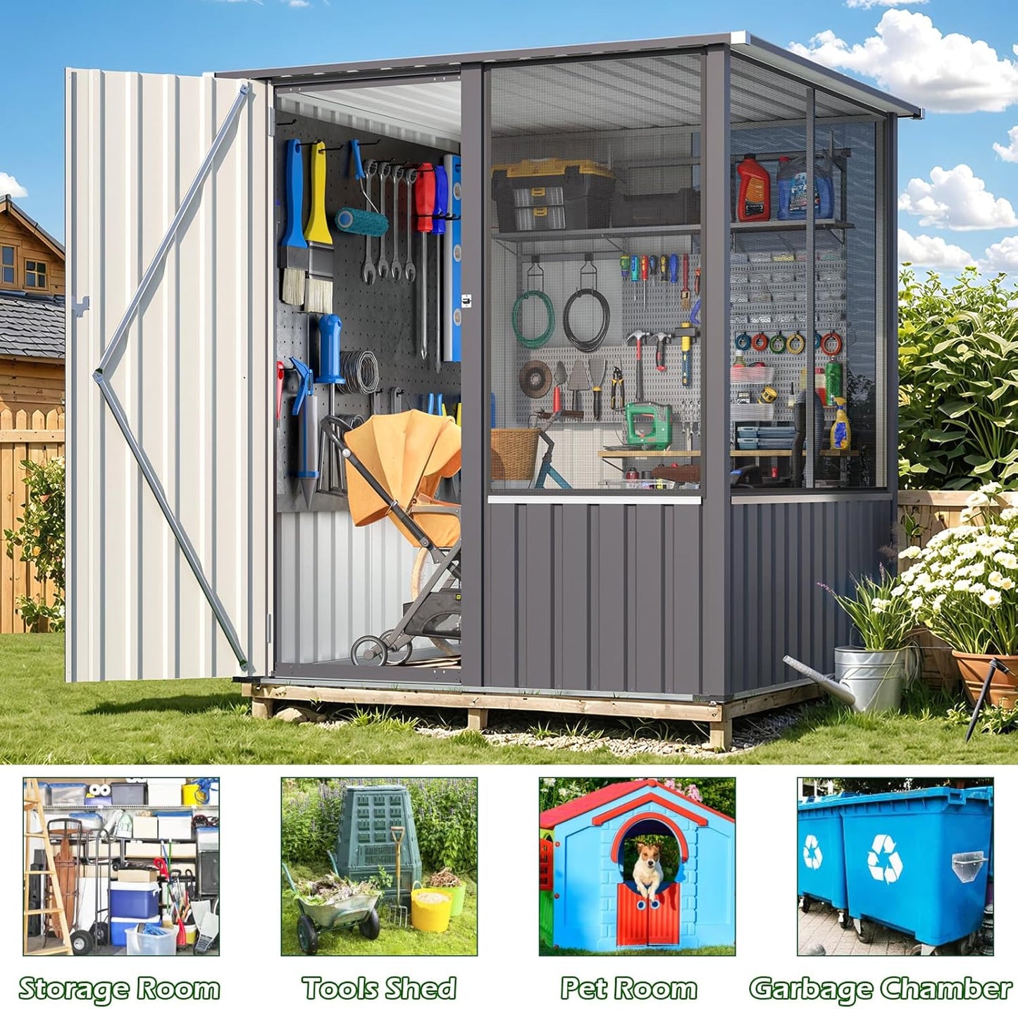 YODOLLA 5x5 FT Metal Chicken Coop,Multipurpose Chicken House with Lockable Doors and Ventilated Mesh
