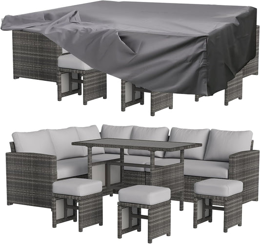 YODOLLA 7-Piece Patio Funiture Set, Outdoor Sectional Sofa Couch with Dining Table, Patio Conversation Set w/ Weatherproof Protection Cover in Gray Rattan& Light Gray Cushions