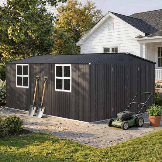 YODOLLA 18' x 12' Metal Outdoor Storage Shed with Windows, Large Steel Tool Shed Clearance Storage Building for Garden, Patio, Backyard in Dark Grey