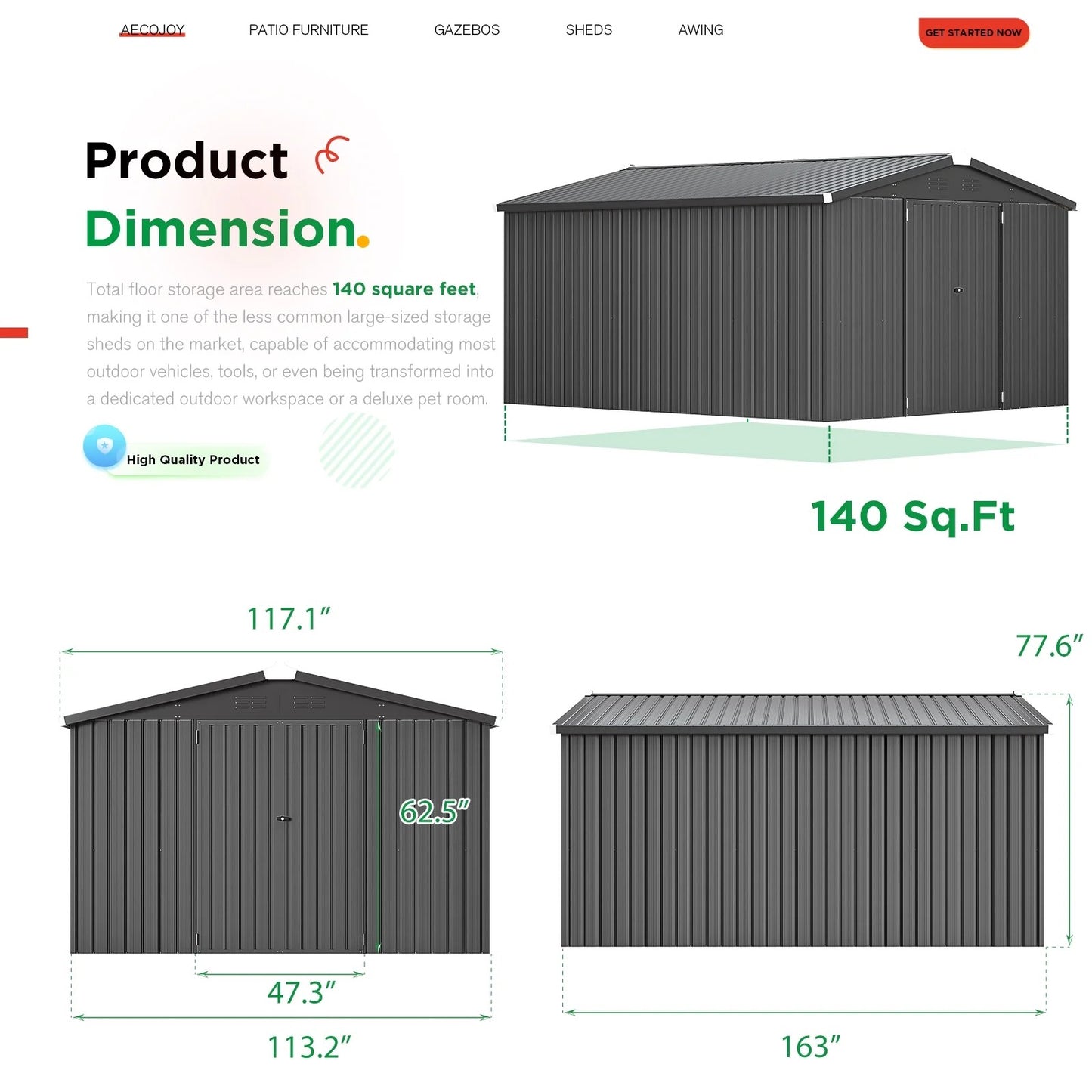 AECOJOY 10' x 14' Outdoor Storage Shed with Lockable Door Patio Metal Garden Storage Building in Dark Gray for Outside