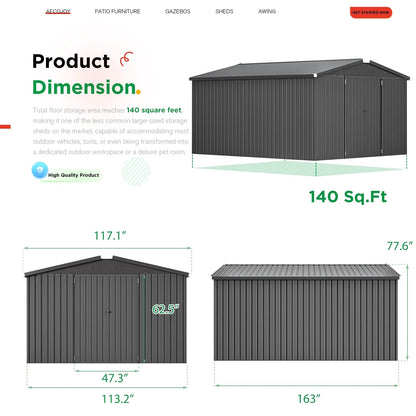 AECOJOY 10' x 14' Outdoor Storage Shed with Lockable Door Patio Metal Garden Storage Building in Dark Gray for Outside