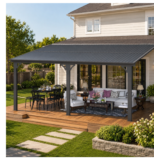 YODOLLA 16'x10' Wall-Attached Hardtop Gazebo with Adjustable Height (6.5-9.8Ft),Dark Gray