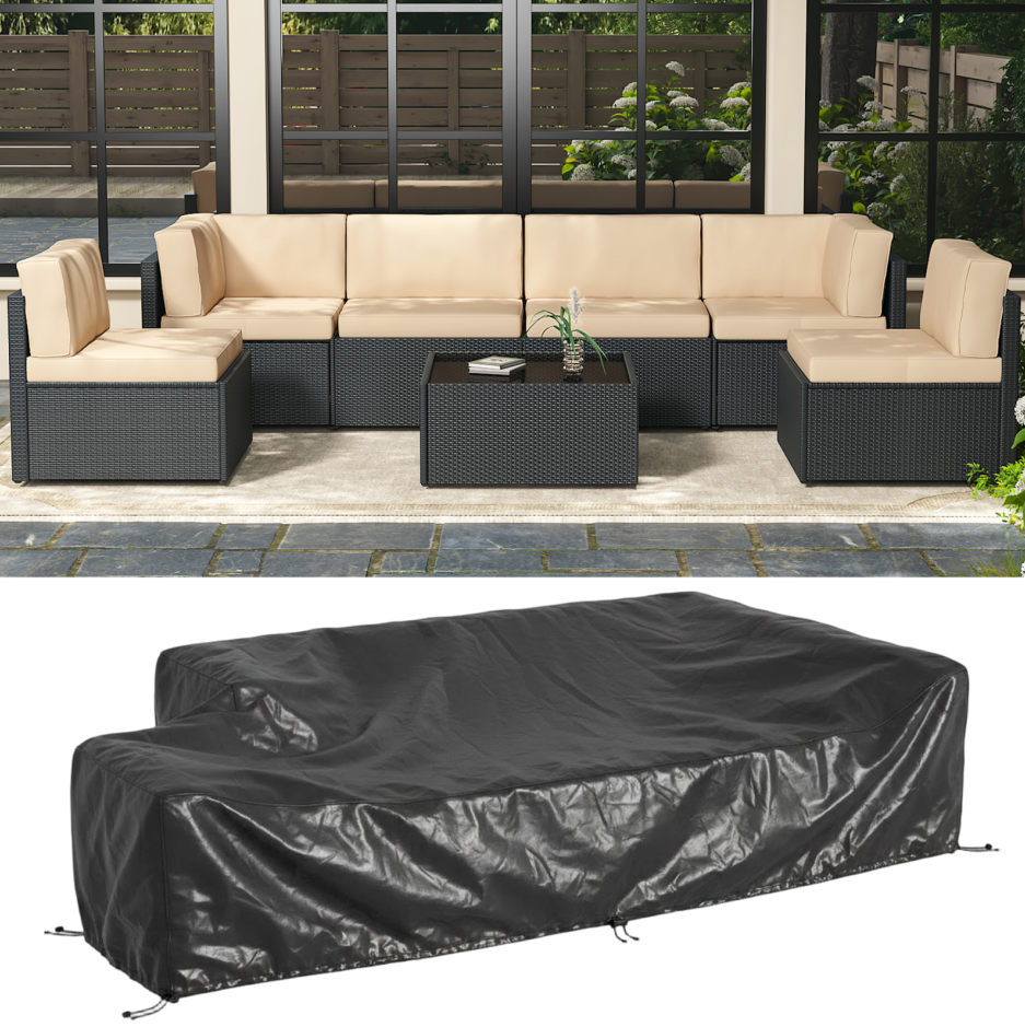YODOLLA 7-Piece Patio Furniture w/ Protection Cover, Outdoor Sectional Sofa Couch w/ Coffee Table, Patio Conversation Set in Black Wicker& Beige Cushions