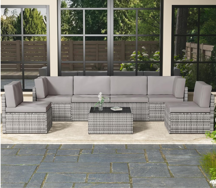 Danrelax 7-Piece Patio Furniture Set on Sale, Rattan Wicker Outdoor Sectional Sofa Couch with Table Patio Conversation Set for Lawn& Backyard In Gray