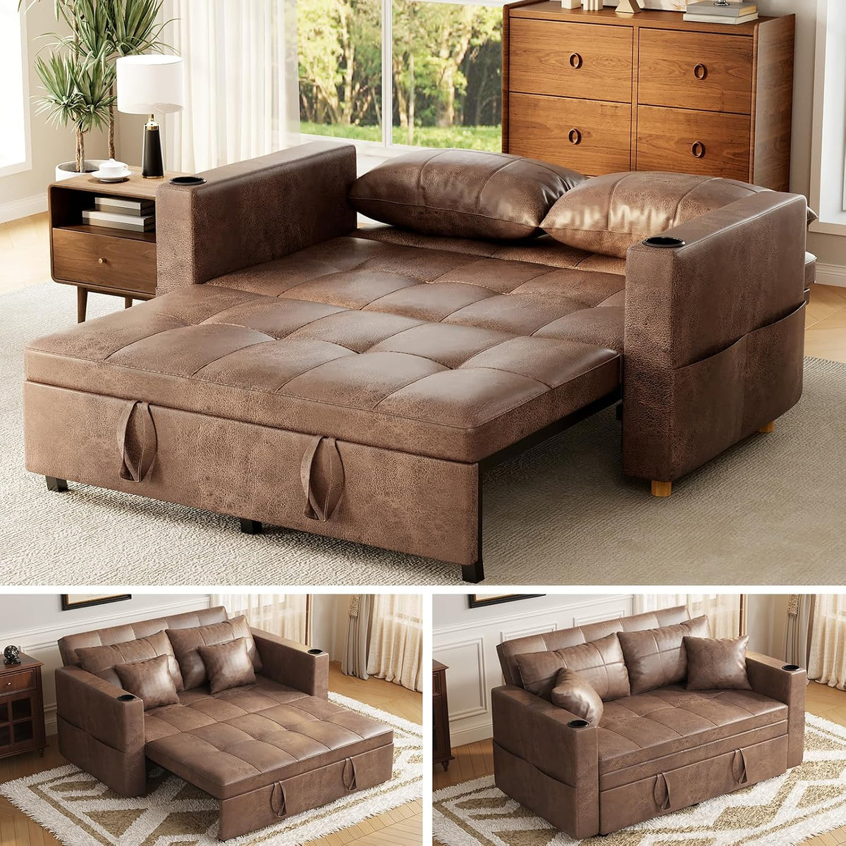AECOJOY 63" Convertible Loveseat Sofa Bed – 3-in-1 Pull Out Couch in Brown, for Living Room and Bedroom Use