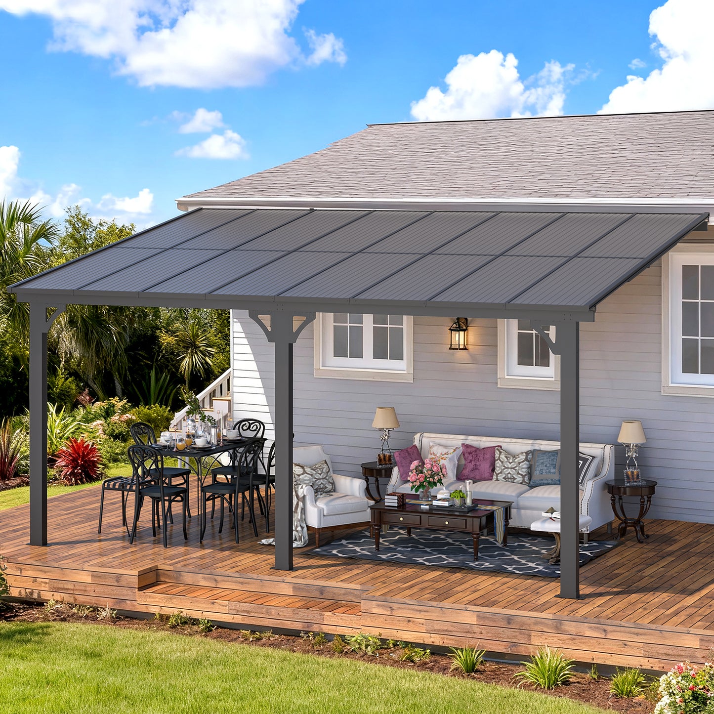AECOJOY 10' x 16' Wall-Mounted Hardtop Gazebo Outdoor Aluminum Pergola with Adjustable Height for Garden, Patio, Backyard-Gray
