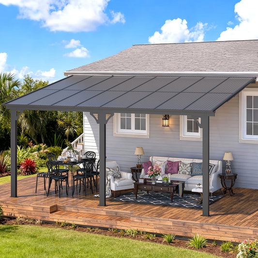 AECOJOY 10' x 16' Wall-Mounted Hardtop Gazebo Outdoor Aluminum Pergola with Adjustable Height for Garden, Patio, Backyard-Gray