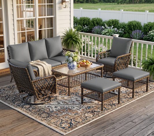 YODOLLA 6PCS Outdoor Wicker Patio Furniture Set, 7-Seat Sectional Sofa with High Back Swivel Rocker Chairs & Ottoman for Deck, Yard, Poolside,Dark Gray