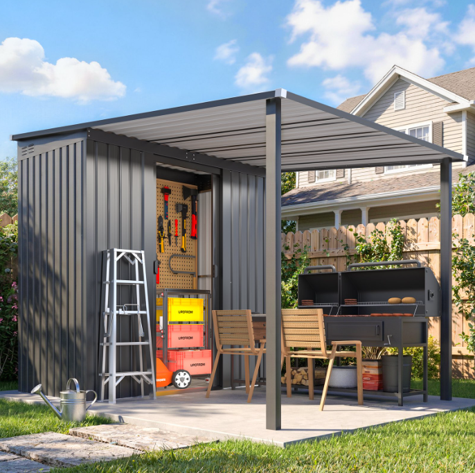 AECOJOY 5'x8' Metal Outdoor Grill Gazebo with 4x7Ft Lean-To Storage Shed, Hardtop Weather Resistant Outdoor Structure