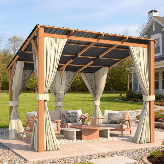 YODOLLA 10' x 10' Wall-Mounted Outdoor Wood Pergola, Hardtop Cedar Patio Pergola with Curtains and Netting for Deck or Backyard