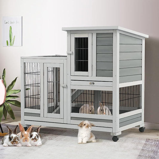 YODOLLA Indoor Rabbit Hutch Bunny Cage Large Pet House for Small Animal with Wheels