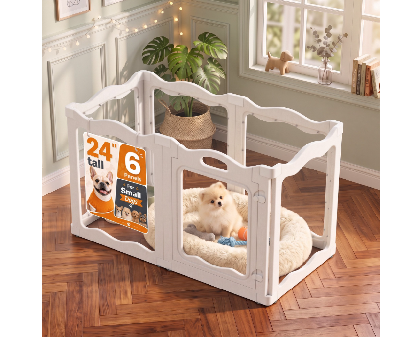 JFHID Clear Acrylic Dog Playpen Indoor for Small Dogs, Puppies & Cats, 24" H, 6 Panels, White