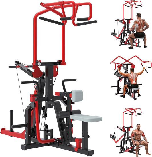 YODOLLA 3-in-1 LAT Pull Down Machine, Scissor-Style Back Workout Machine with Seated Row & Tricep Training, Plate Loaded LAT Tower with Cable Row Attachment for Home Gym