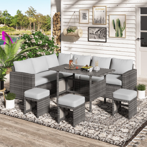 YODOLLA 7-Piece Patio Funiture Set on Sale, Outdoor Sectional Sofa Couch with Dining Table, Patio Conversation Set in Gray Wicker& Light Gray Cushions