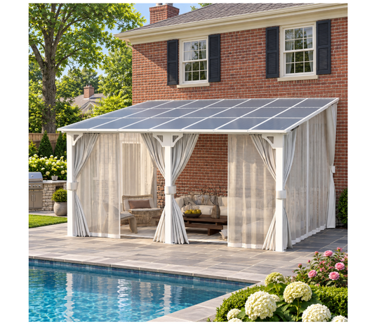 YODOLLA 14x12ft Wall-Mounted Hardtop Gazebo with Curtains and Mosquito Netting, Outdoor Pergola for Patio and Deck, White