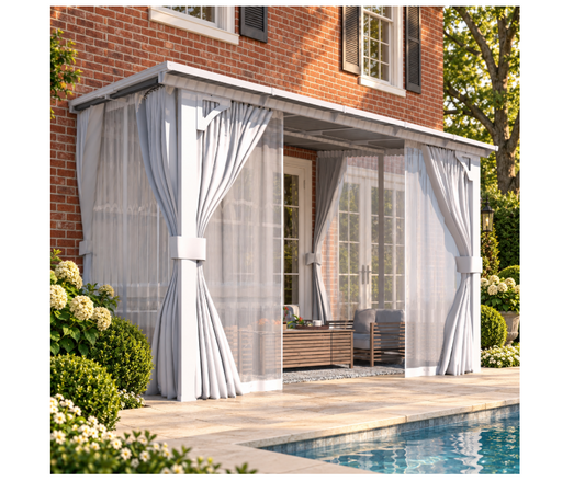 YODOLLA 10x8ft Wall-Mounted Hardtop Gazebo with Curtains and Mosquito Netting, Outdoor Pergola for Patio and Deck, White
