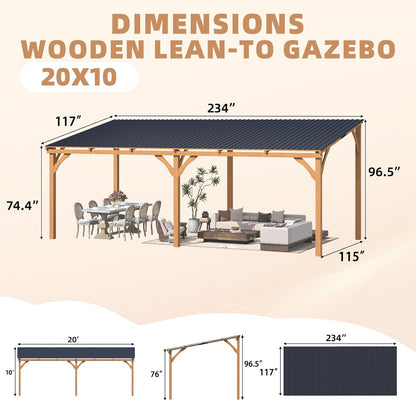 YODOLLA 20' x 10' Wall-Mounted Outdoor Wood Gazebo, Hardtop Cedar Pergola with Heavy-Duty Awnings for Patio, Deck, Backyard