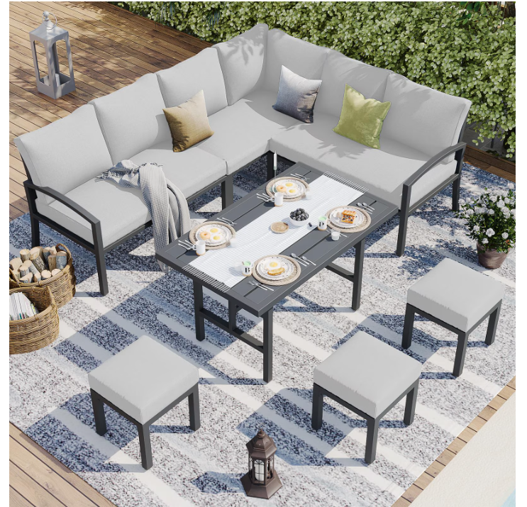 YODOLLA 7 Pieces Metal Patio Furniture Sets Outdoor Conversation Set with Dining Table and Chair, Light Grey