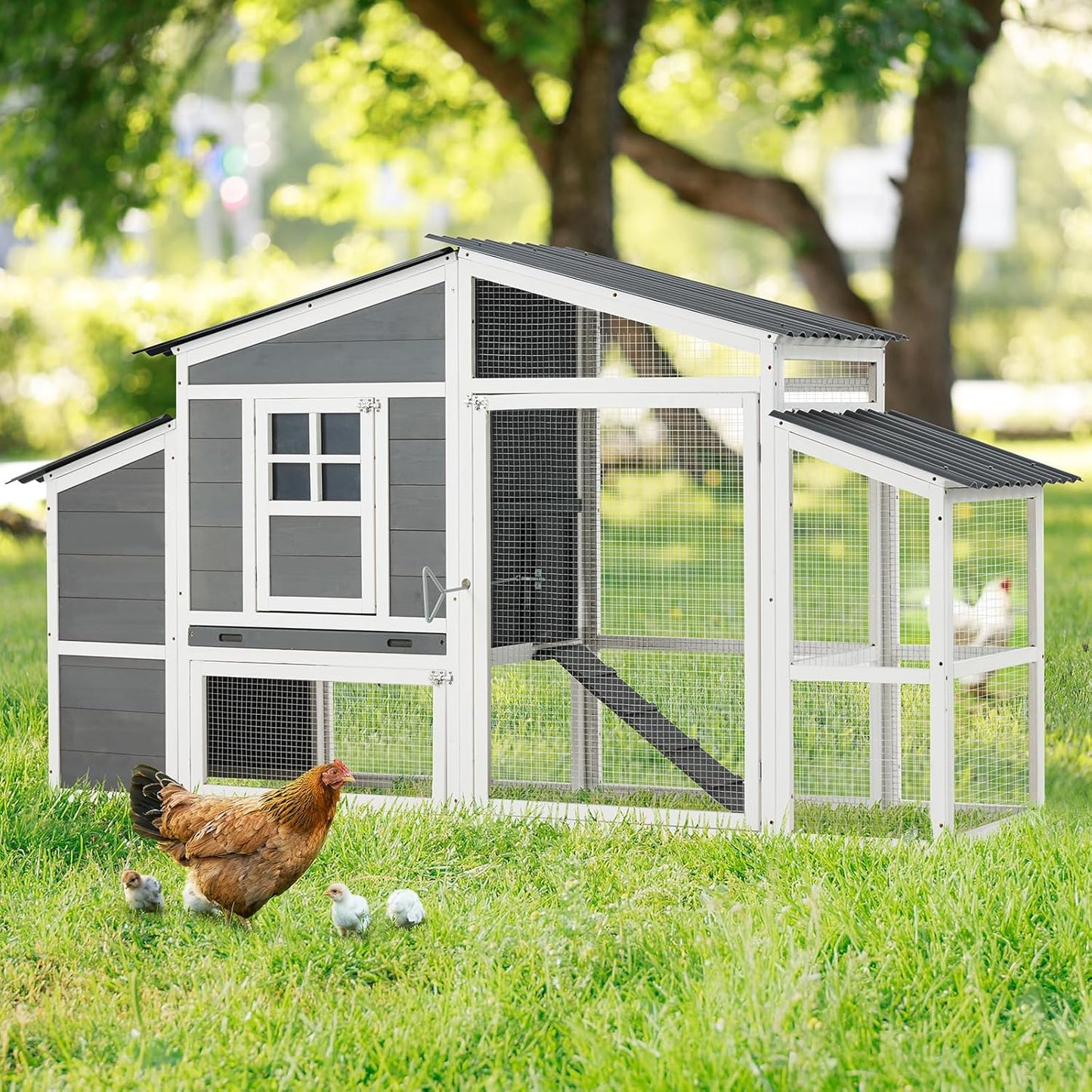 AECOJOY Large Chicken Coop, Wooden 81" Chicken Coop with Run&Waterproof Roof Hen House Outdoor 2 Story Poultry Cage w/Nesting Boxes, Ramp