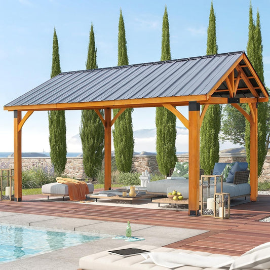 YODOLLA 14.5x12ft Outdoor Wooden Gazebo,Grill Pergola Gazebo Hard-Top Gazebo for Patios, Garden,Brown