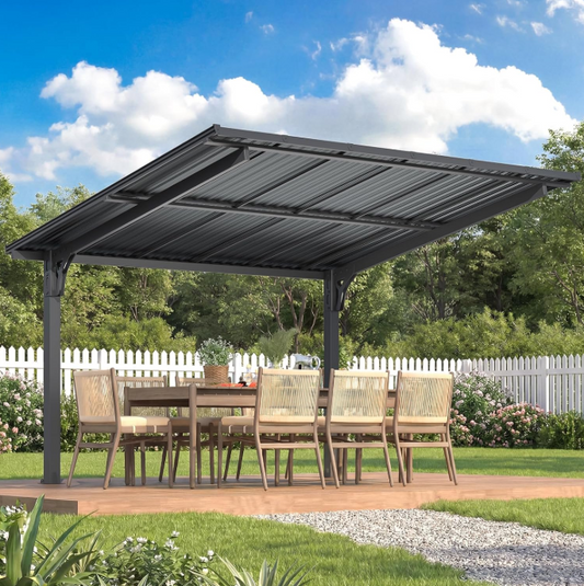 AECOJOY 12'x10' Lean to Hardtop Metal Carport Gazebo, 10x12 Outdoor Freestanding Pergola Gazebo on Clearance for Patio, Large Pergolas and Gazebos with Heavy Duty Steel Roof Awnings for Decks