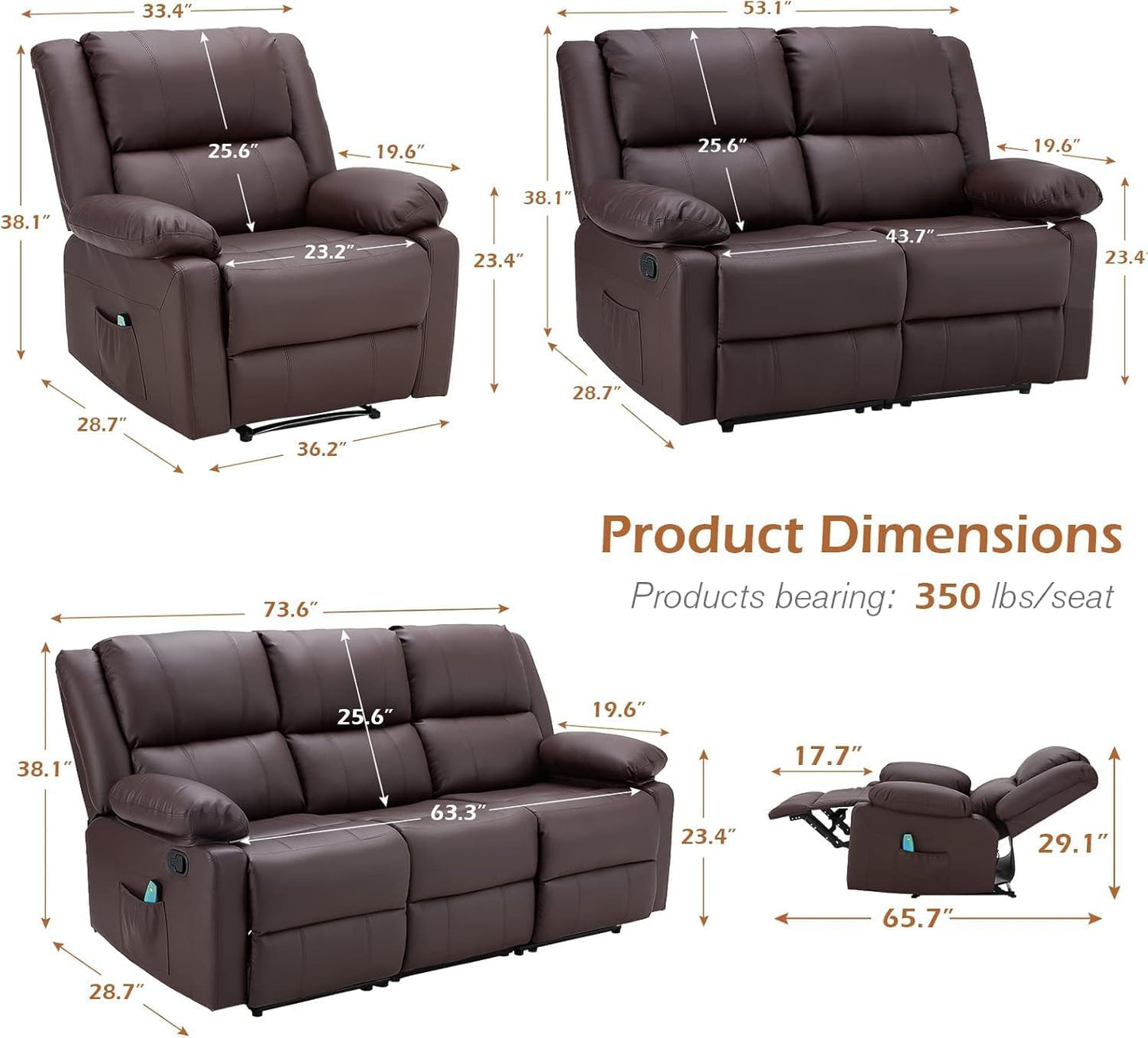 YODOLLA 3 Pieces Recliner Sofa Set with Massage Heated Function, Home Theater Seating Leather Couch Set with Side Pockets, Brown