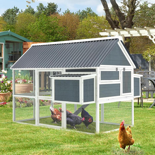 YODOLLA 84” Outdoor Large Chicken Coop, Wooden Hen House Poultry Cage for 10 Chickens Walk in Chicken House with Run, Grey