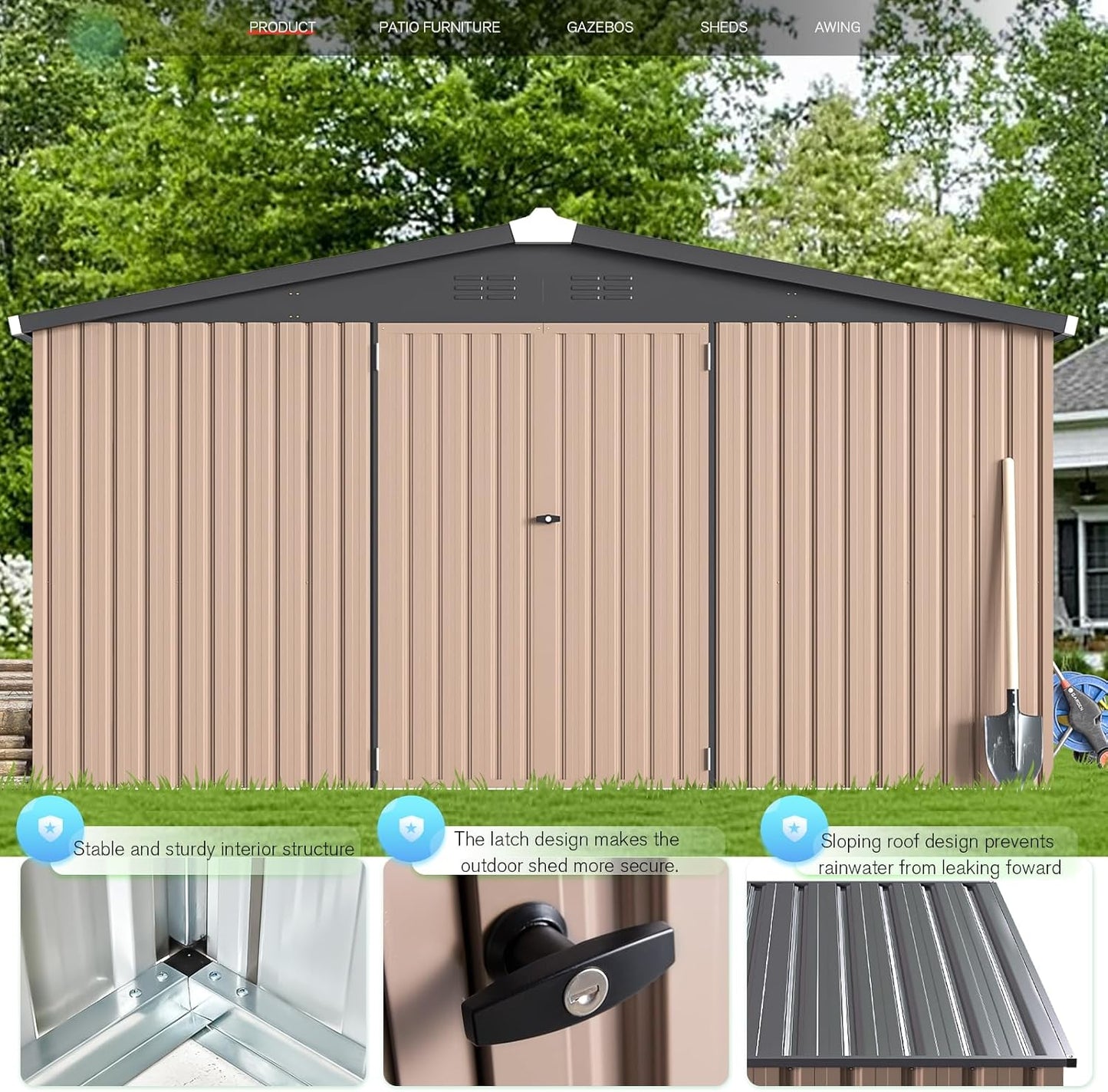 YODOLLA 12 x 12 ft. Outdoor Metal Storage Shed with Sliding Roof & Lockable Door in Brown for Patio, Garden& Backyard