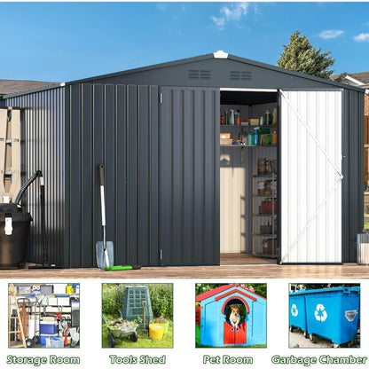 AECOJOY 10' x 14' Outdoor Storage Shed with Lockable Door Patio Metal Garden Storage Building in Dark Gray for Outside