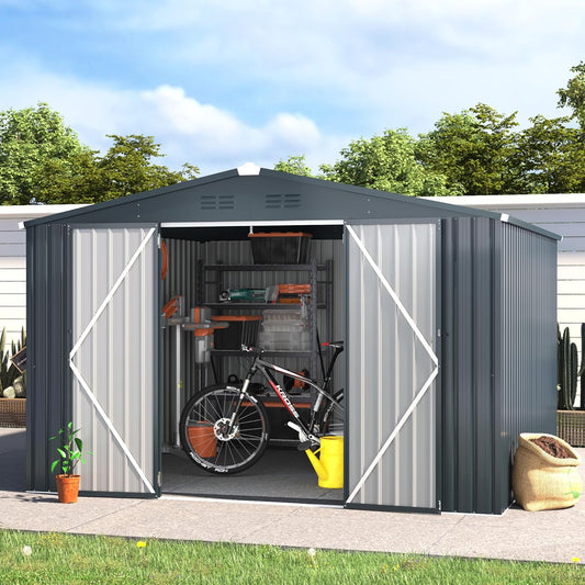 YODOLLA 10 x 10 ft. Outdoor Metal Storage Shed with Sliding Roof & Lockable Door in Dark Grey for Patio, Garden& Backyard