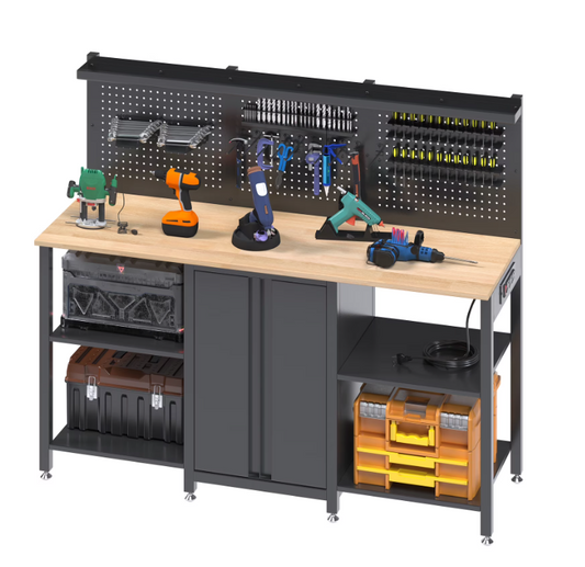 YODOLLA 60’’ Heavy Duty Workbench with Garage Storage System, 2000LBS Capacity Tool Organizer with Hooks & Charging Station
