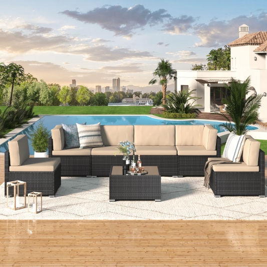 YODOLLA 7-Piece Patio Furniture Set on Sale, Black Rattan Wicker Outdoor Sectional Sofa Couch with Table Patio Conversation Set for Lawn& Backyard In Beige